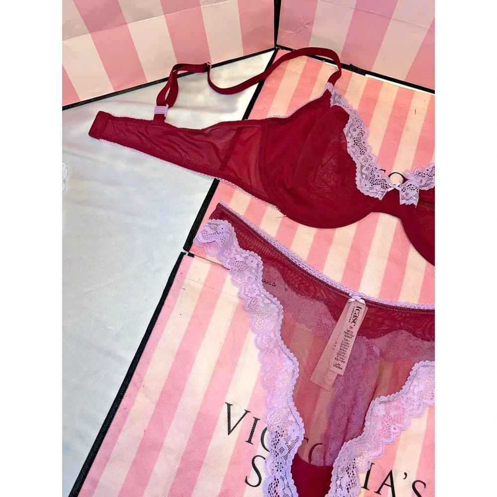 Victoria's Secret Bra Unlined Tease 36DDD Large Lace Thong Purple & Burgundy - Picture 2 of 3